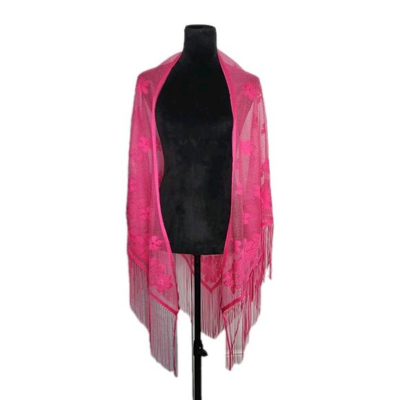 Jantzen Vtg Large Pink Floral Lace Triangle Fringe Scarf Shawl Wrap Boho 72x50" - Picture 2 of 5